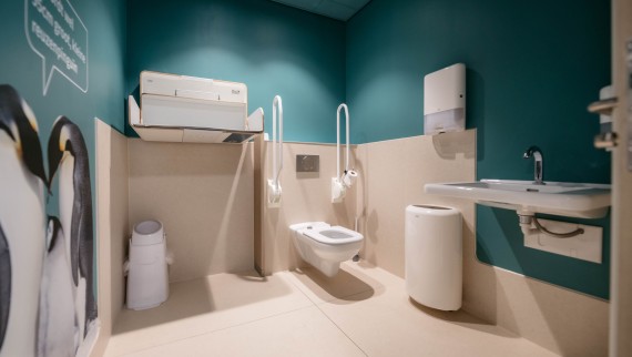 Ook de inrichting van het gehandicapten-toilet bestaat grotendeels uit producten van Geberit (© Michiel Stock).